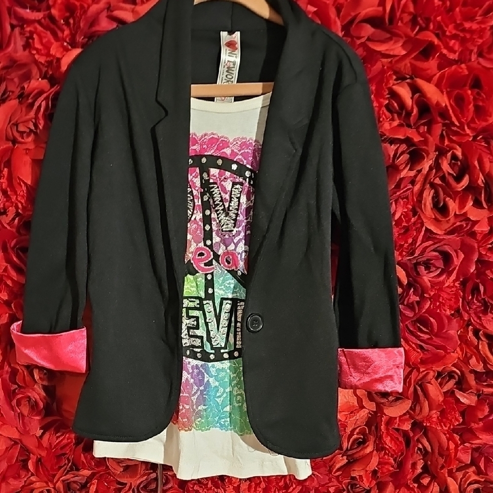 Knitworks Girls Stylish Black Blazer with Pink Accents & Glitter Shirt Size S